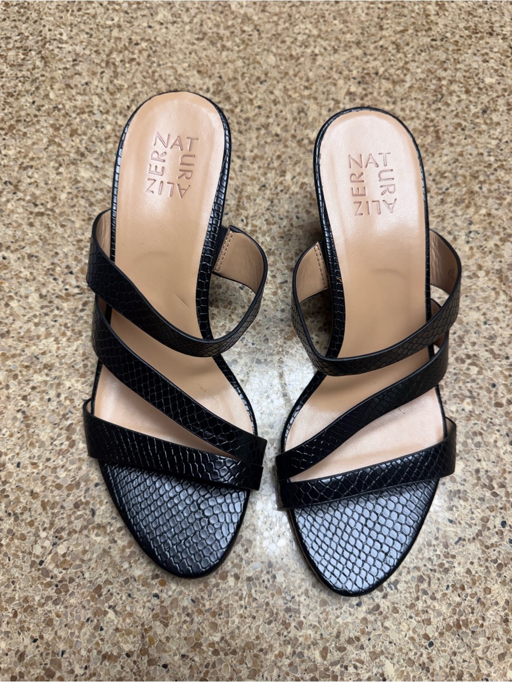 Naturalizer Black Snakeskin Strappy Mules
